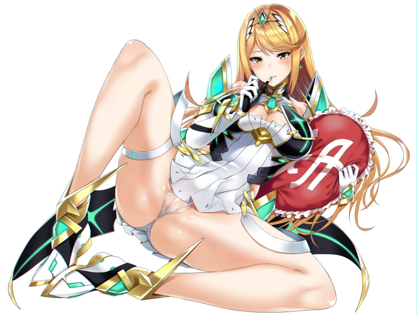 1girl armor bangs blonde_hair blush breasts cameltoe cleavage cleavage_cutout commentary_request earrings enshin garter gem gloves headpiece highres hikari_(xenoblade_2) jewelry large_breasts long_hair nintendo panties pantsu pillow pussy see_through sleeveless solo swept_bangs thigh_strap thong tiara underwear xenoblade xenoblade_(series) xenoblade_2 xenoblade_chronicles_2 yellow_eyes yuuki_shin
