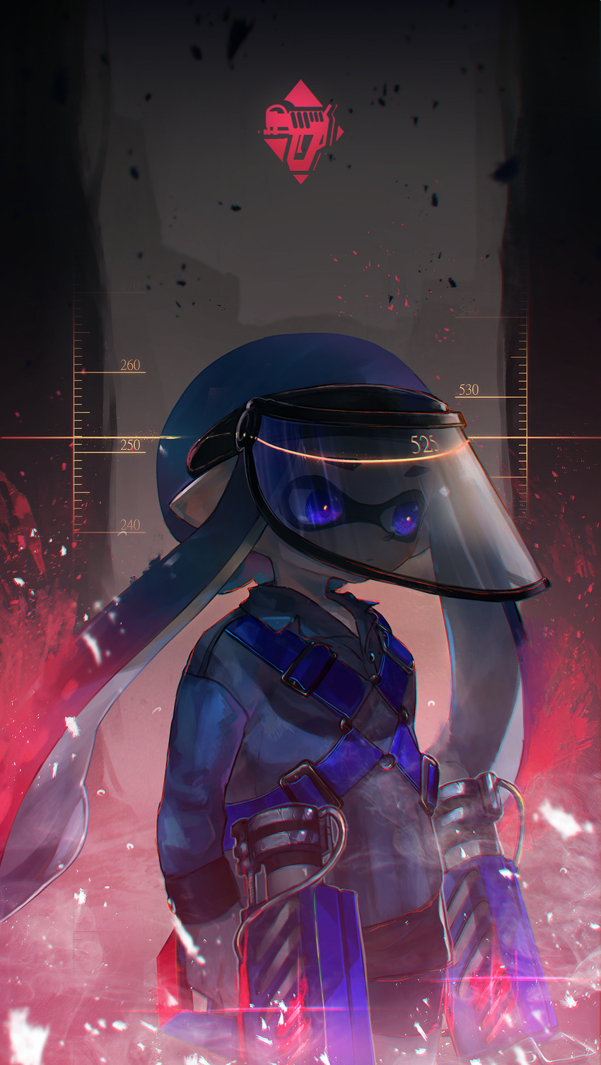bike_shorts black_shorts blue_eyes blue_hair buckle cable closed_mouth collared_shirt commentary cowboy_shot domino_mask dual_wielding expressionless floating_hair glooga_dualies_(splatoon) grey_shirt gun highres holding holding_gun holding_weapon ink inkling kashu_(hizake) long_hair long_sleeves looking_away mask monster_girl number pointy_ears shade shirt shorts solo splatoon_(series) splatoon_2 standing tentacle_hair visor_cap weapon