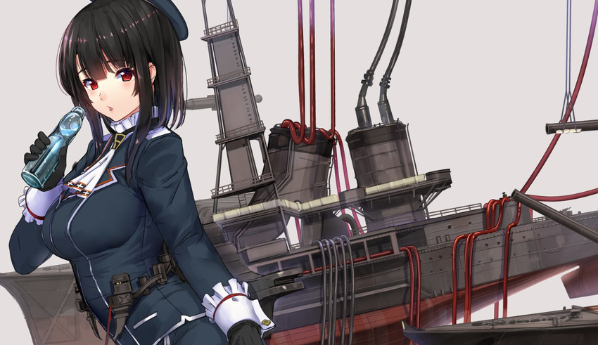 akasaai beret black_gloves black_hair blue_hat blue_jacket blush bottle breasts from_side gloves grey_background hair_between_eyes hand_on_hip hat holding holding_bottle jacket kantai_collection large_breasts long_sleeves looking_at_viewer parted_lips ramune red_eyes repairing rigging shiny shiny_hair short_hair simple_background smokestack solo takao_(kantai_collection) tube upper_body work_in_progress