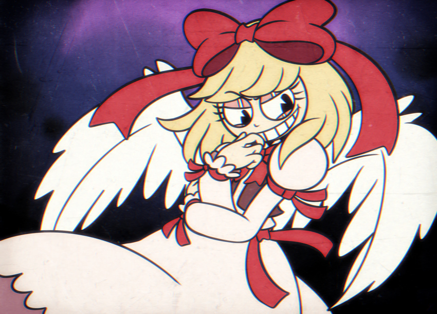 30s angel_wings blonde_hair bow covering_mouth cuphead_(game) gengetsu grin hair_bow highres long_skirt oldschool parody shirt skirt smile style_parody touhou touhou_(pc-98) vest wings yatsunote