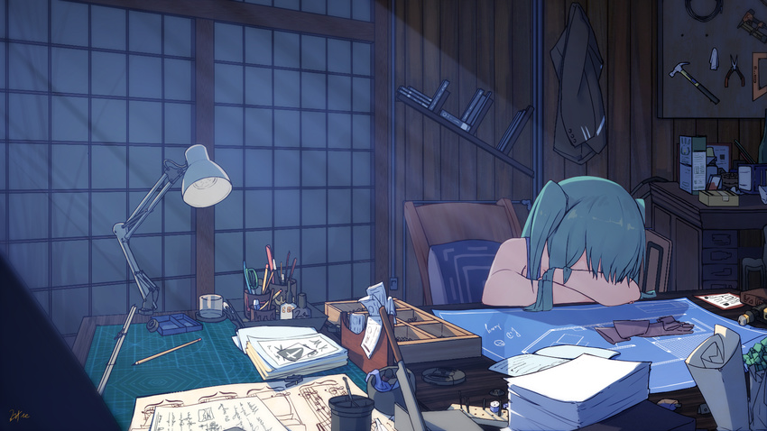 claw_hammer crossed_arms desk green_hair hammer hatsune_miku highres indoors lamp long_hair pen sitting sleeping sleeveless solo two_side_up vocaloid zhayin-san