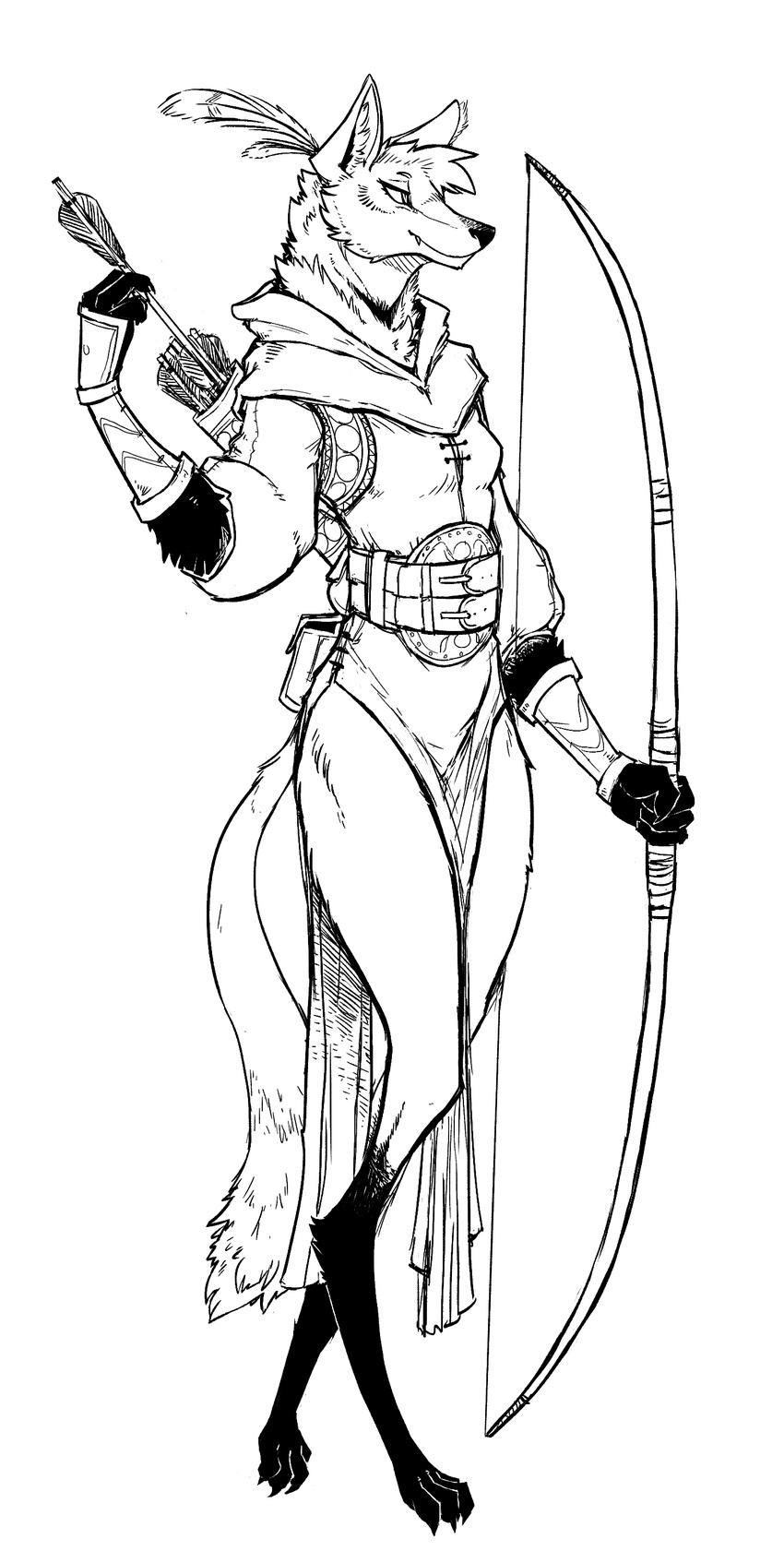 anthro arrow belt black_and_white bow_(weapon) breasts canine claws clothing fangs feathers female guoh long_legs longbow mammal maned_wolf monochrome pouch quiver ranged_weapon smile solo toe_claws weapon