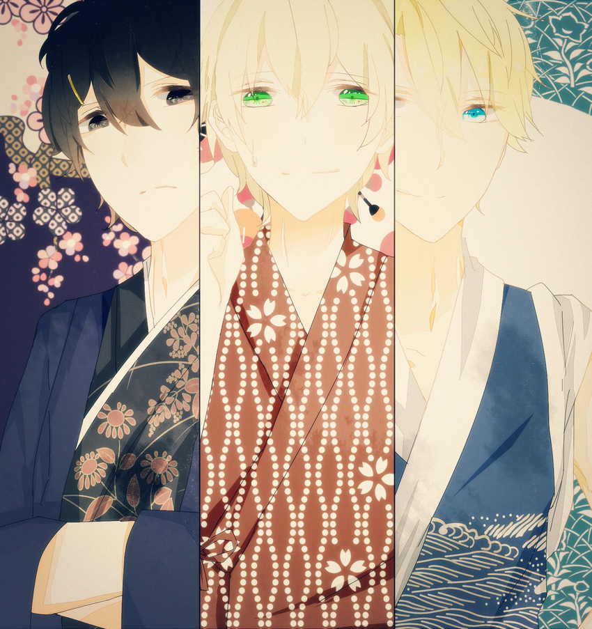 1girl 2boys aoharu_x_kikanjuu japanese_clothes kimono matsuoka_masamune multiple_boys reverse_trap tachibana_hotaru tagme yukimura_tooru