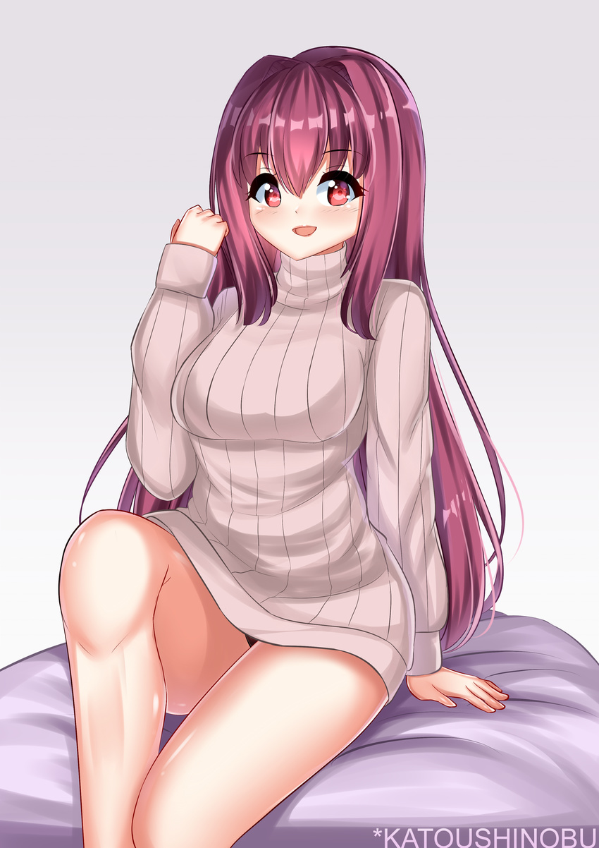 :d dress fate/grand_order fate_(series) highres katou_shinobu long_hair open_mouth purple_hair red_eyes scathach_(fate)_(all) scathach_(fate/grand_order) sitting smile solo sweater sweater_dress