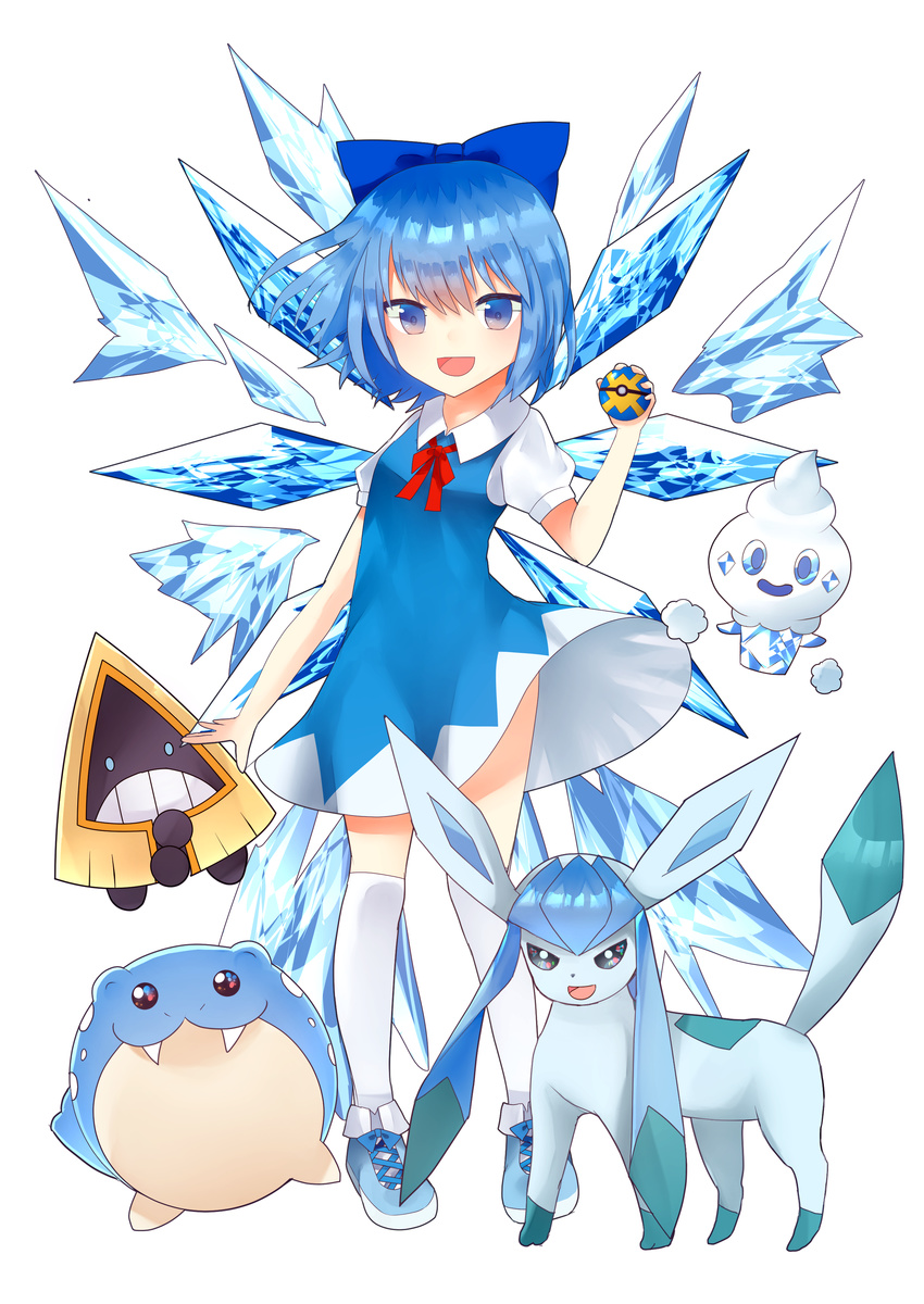 :d absurdres blue_bow blue_dress blue_eyes blue_hair bow cirno crossover dress full_body gen_3_pokemon gen_4_pokemon gen_5_pokemon glaceon hair_bow highres holding holding_poke_ball kneehighs looking_at_viewer neck_ribbon open_mouth poke_ball pokemon quick_ball red_ribbon ribbon sakipsakip short_dress short_hair short_sleeves simple_background smile snorunt spheal standing touhou vanillish white_background white_legwear