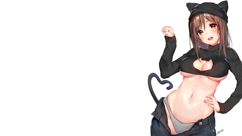 breasts brown_hair catgirl cleavage hat matarou_(genkai_toppa) navel no_bra orange_eyes original panties short_hair signed tail underwear white