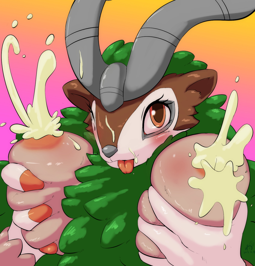 anthro b_cottontail blush breast_grab breasts female gogoat hand_on_breast horn lactating nintendo nipples pok&eacute;mon pok&eacute;mon_(species) pok&eacute;morph tongue tongue_out video_games