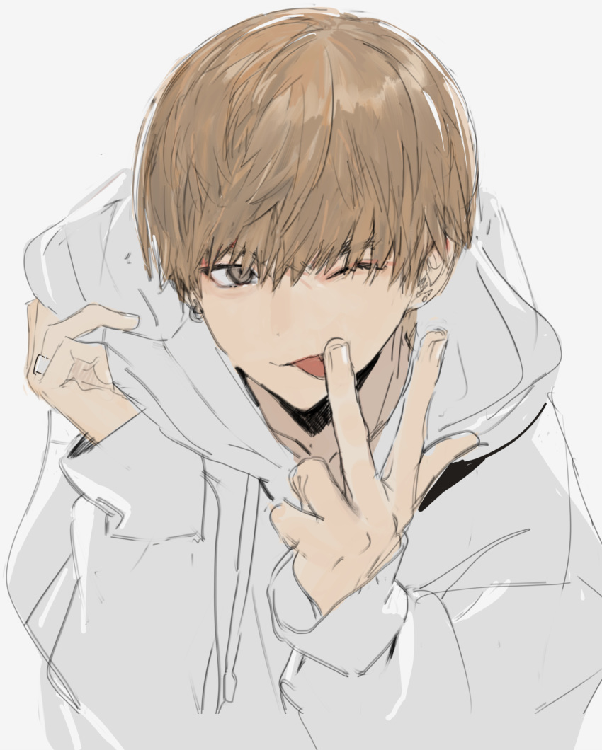 1boy :p blonde_hair earrings grey_background grey_hoodie hands_up highres hirota_tsuu hood hood_down hoodie jewelry long_sleeves looking_at_viewer male_focus one_eye_closed original ring simple_background smile solo tongue tongue_out upper_body w yellow_eyes