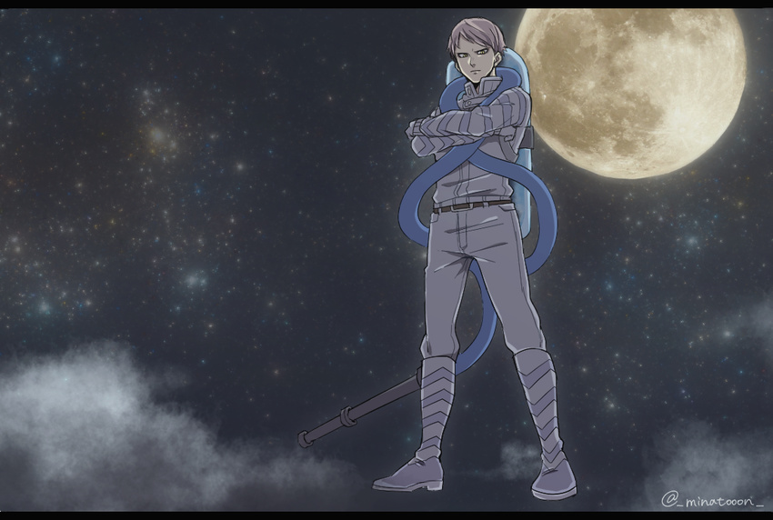 1boy artist_name belt boots crossed_arms flying from_below full_body gloves juuni_taisen lavender_hair looking_at_viewer male_focus minato_(rigu_hm) moon night serious short_hair sky solo tsumita_nagayuki uniform weapon