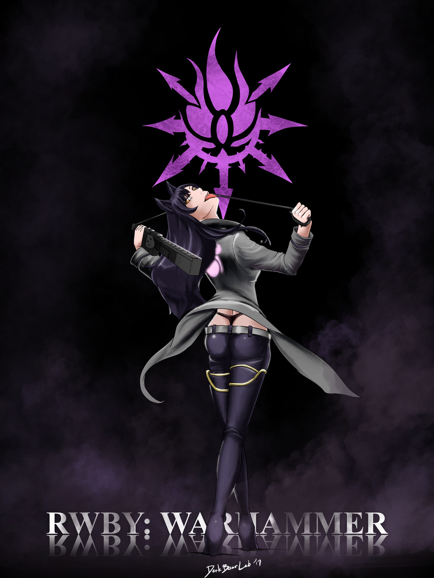 1girl animal_ears ass black_hair black_pants blake_belladonna boots breasts cat_ears coat crossover dark_background darkbearlab fog games_workshop glyph high_heels highres licking long_hair looking_at_viewer looking_back open_mouth rwby shiny shiny_clothes shiny_hair sideboob skin_tight smile solo steam thong tongue tongue_out warhammer warhammer_40k weapon whale_tail whip yellow_eyes