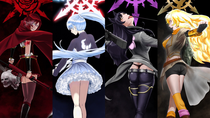 4girls animal_ears ass black_hair black_pants black_shirt black_skirt blake_belladonna blonde_hair blue_eyes boots breasts bullet cat_ears coat crossover dark_background darkbearlab earrings fingerless_gloves fog games_workshop gloves glowing glowing_eyes glyph high_heels highres large_breasts legs licking long_hair looking_at_viewer looking_back multiple_girls open_mouth ponytail rapier red_eyes red_hair ruby_rose rwby scar scythe shiny shiny_hair shiny_skin short_hair short_shorts shorts sideboob silver_eyes skin_tight skirt skull smile steam tattoo thighhighs thong tongue tongue_out very_long_hair warhammer warhammer_40k weapon weiss_schnee whale_tail white_hair wristband yang_xiao_long yellow_eyes