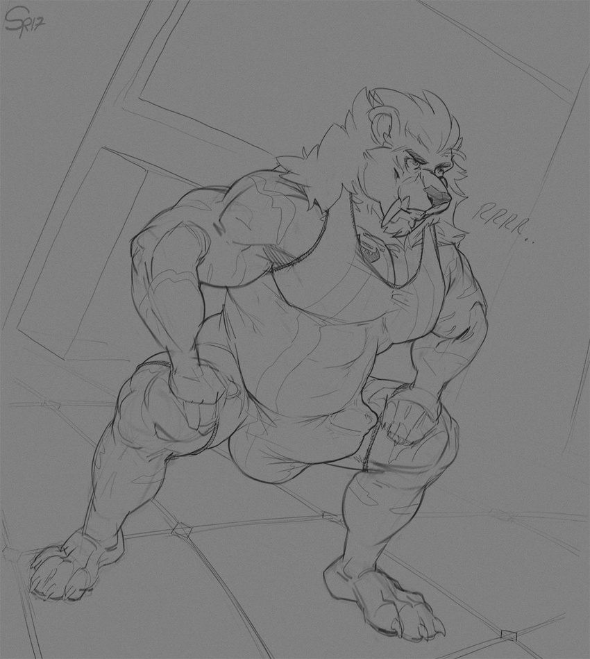 anthro bulge canine clothing crouching erection erection_under_clothes male mammal muscular muscular_male penis_shaped_bulge solo spiritraptor wrestling_outfit