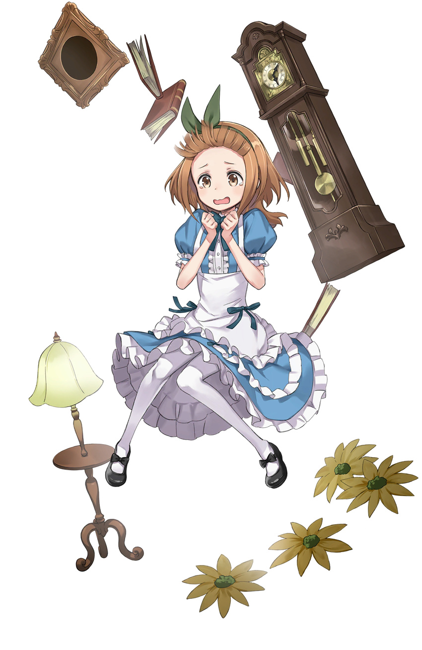 :o alice_(wonderland) alice_(wonderland)_(cosplay) alice_in_wonderland beatrice_(princess_principal) black_footwear book brown_eyes brown_hair clenched_hands clock cosplay full_body grandfather_clock hairband hands_up highres lamp looking_at_viewer makaria medium_hair official_art pantyhose picture_frame princess_principal princess_principal_game_of_mission puffy_short_sleeves puffy_sleeves shoes short_sleeves solo standing tears transparent_background white_legwear