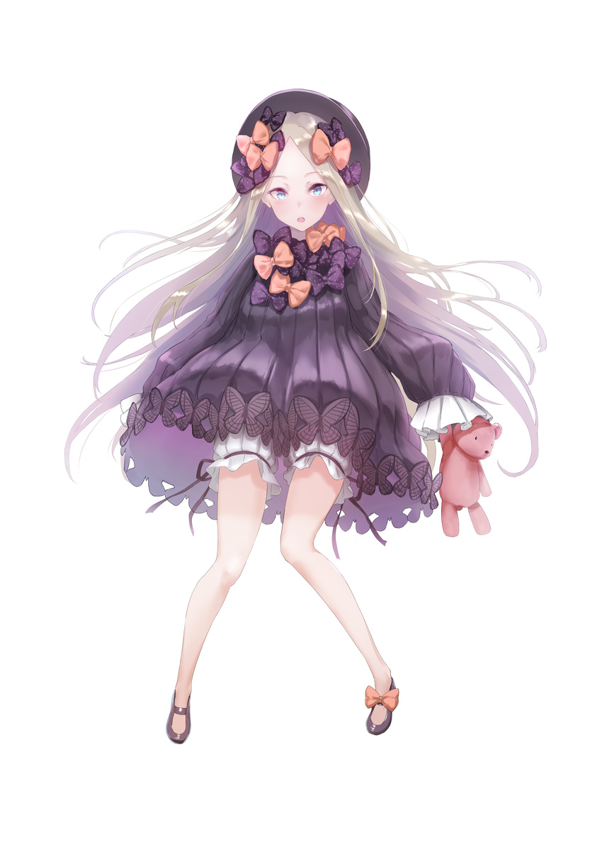 :o abigail_williams_(fate/grand_order) absurdres bangs black_bow black_dress black_footwear black_hat blonde_hair bloomers blue_eyes blush bow bug butterfly commentary_request dress fate/grand_order fate_(series) full_body hair_bow hat highres holding holding_stuffed_animal insect kachayori long_hair long_sleeves looking_at_viewer orange_bow parted_bangs parted_lips polka_dot polka_dot_bow shoes sleeves_past_fingers sleeves_past_wrists solo standing stuffed_animal stuffed_toy teddy_bear transparent_background underwear very_long_hair white_bloomers