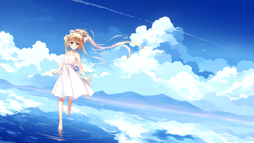 air bangs bare_arms bare_shoulders barefoot bird blonde_hair blue_eyes blue_ribbon blue_sky blush cloud collarbone commentary_request condensation_trail day dress dutch_angle eyebrows_visible_through_hair hair_between_eyes hair_ribbon highres kamio_misuzu long_hair looking_at_viewer mountain ocean outdoors parted_lips ribbon sky sleeveless sleeveless_dress smile solo sundress walking walking_on_liquid water white_dress white_ribbon xia_xiang_(ozicha)