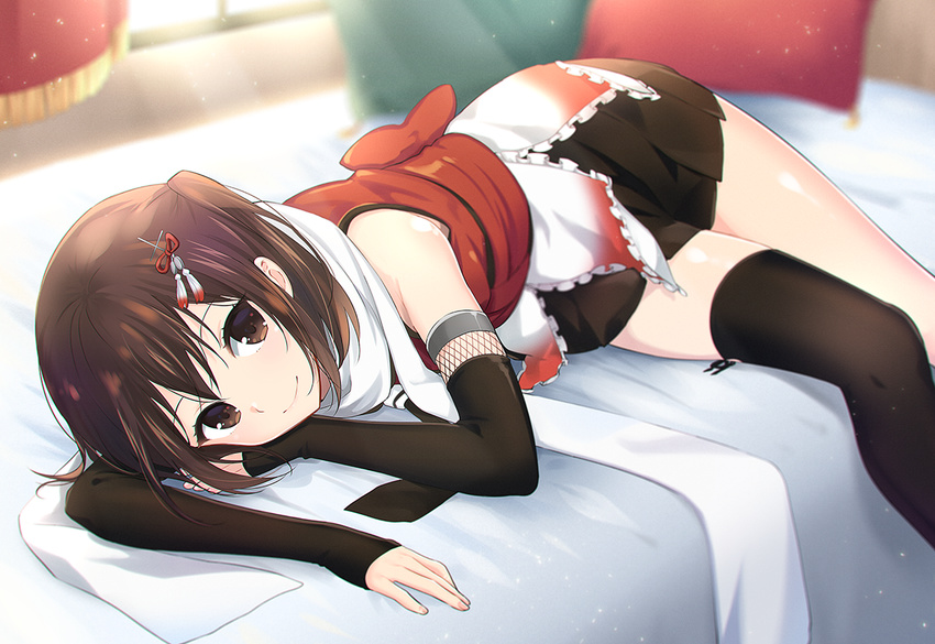 bed black_gloves black_legwear black_neckwear black_skirt brown_eyes brown_hair elbow_gloves fingerless_gloves gloves ica kantai_collection necktie pleated_skirt remodel_(kantai_collection) scarf school_uniform sendai_(kantai_collection) serafuku short_hair single_thighhigh skirt smile solo thighhighs two_side_up white_scarf