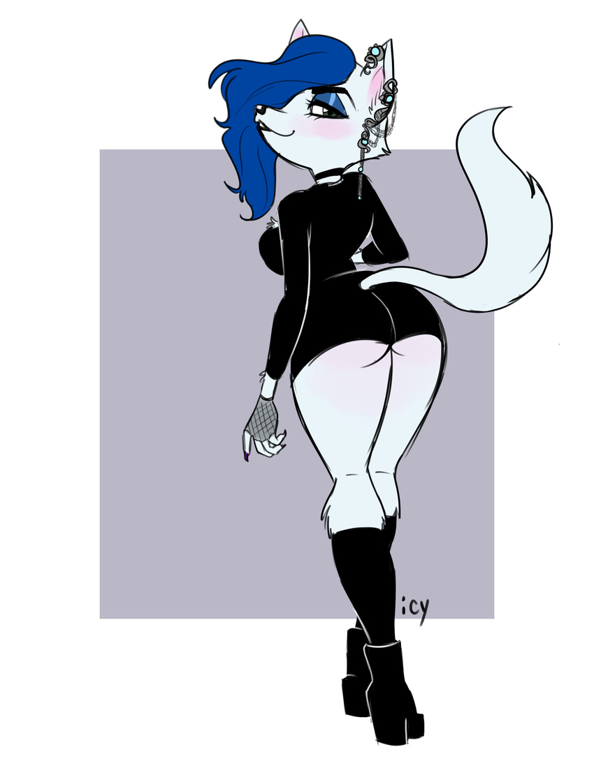 2017 anthro black_clothing blue_hair boots butt canine clothing ear_piercing female fingerless_gloves footwear fur gloves goth green_eyes hair icy looking_at_viewer mammal multiple_piercings pearlhead piercing simple_background smile solo white_fur wolf