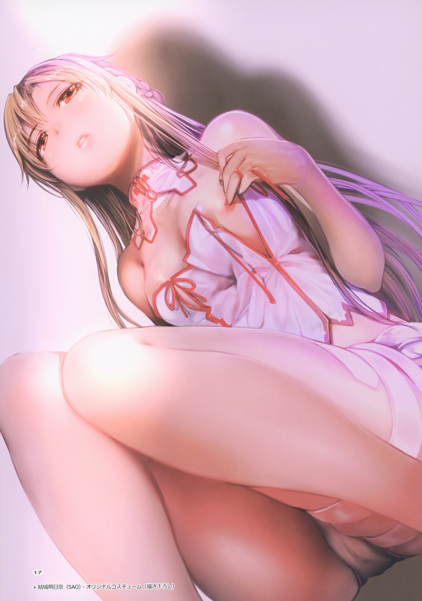 absurdres asuna_(sao) bare_shoulders braid breasts brown_hair cameltoe detached_collar french_braid highres knees_together_feet_apart lips long_hair medium_breasts mikazuki_akira! nipple_slip nipples non-web_source open_clothes panties parted_lips red_eyes scan sitting solo sword_art_online underwear untied white_panties