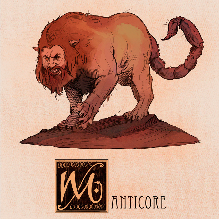 claws feral fur humanoid_face male mane manticore mythology nathanandersonart nude persian_mythology red_fur scorpion_tail snarling solo