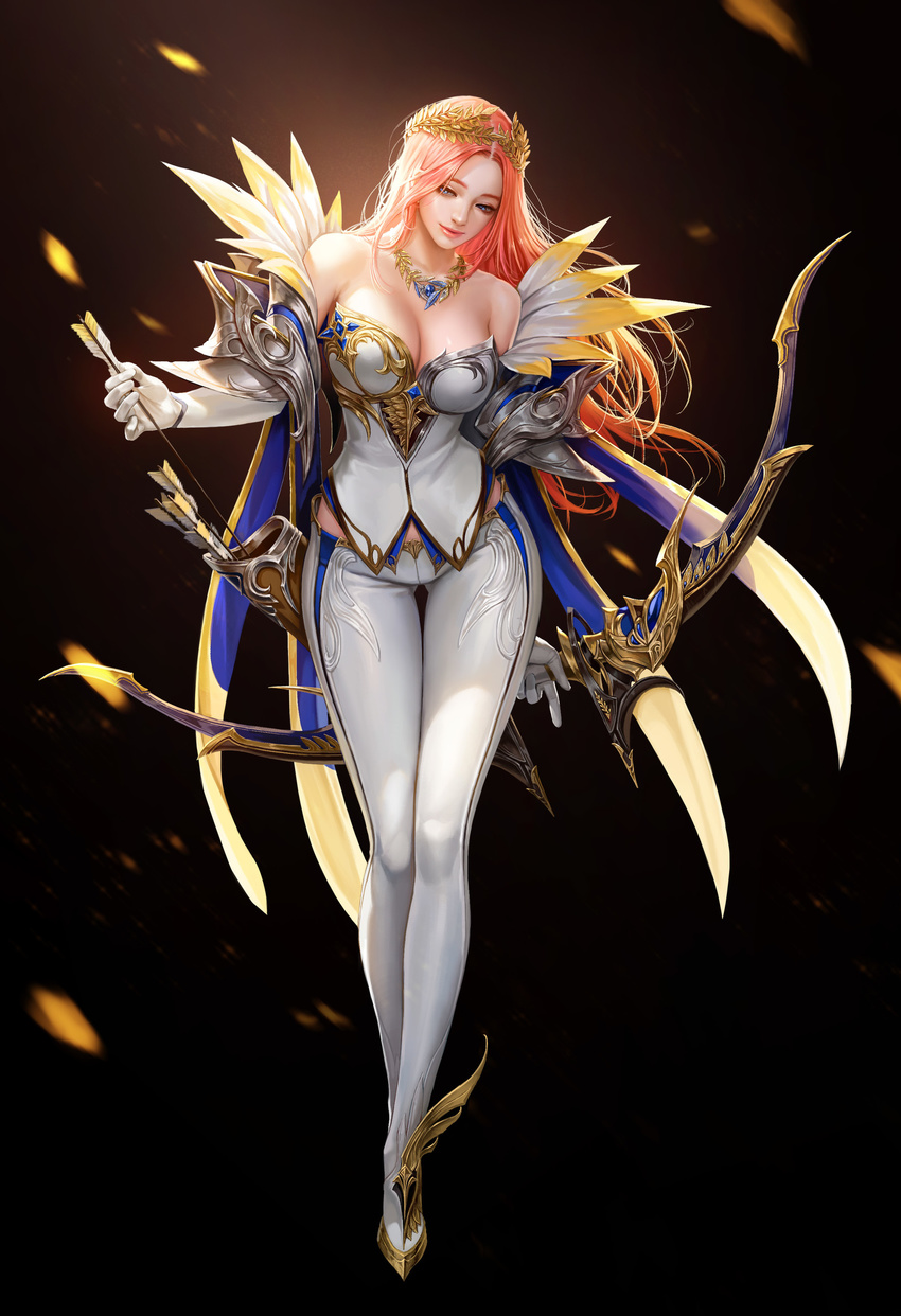 absurdres archery arrow ass_visible_through_thighs bare_shoulders blue_cape blue_eyes bow_(weapon) breasts cape cleavage corset dark_background feather_trim gloves highres holding holding_weapon jewelry large_breasts laurel_crown light light_smile long_hair looking_down midriff necklace orange_hair original pants quiver sapphire_(stone) single_spaulder solo sparks taekwon_kim thigh_gap weapon white_corset white_gloves white_legwear white_pants