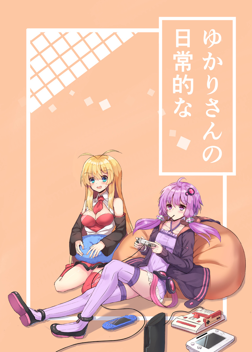 absurdres bean_bag_chair blonde_hair blush breasts character_name cleavage closed_mouth controller eyebrows_visible_through_hair food game_console game_controller green_eyes highres hopepe large_breasts long_hair looking_away multiple_girls necktie orange_background parted_lips pocky purple_eyes purple_hair purple_legwear red_legwear red_neckwear seiza short_hair_with_long_locks sidelocks sitting smile thighhighs translation_request tsurumaki_maki vocaloid voiceroid wii_u yuzuki_yukari