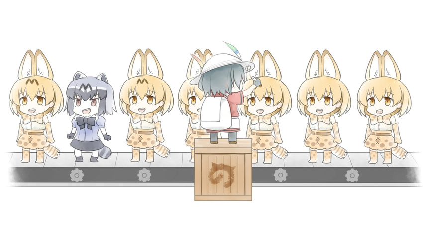 :d animal_ears backpack bag black_hair blonde_hair box brown_eyes chibi commentary common_raccoon_(kemono_friends) conveyor_belt extra_ears gensuke_(ryun) grey_hair hat hat_feather highres japari_symbol kaban_(kemono_friends) kemono_friends marker multicolored_hair multiple_girls multiple_persona odd_one_out on_box open_mouth raccoon_ears raccoon_tail serval_(kemono_friends) serval_ears serval_print serval_tail short_hair simple_background smile standing_on_object tail white_background yellow_eyes