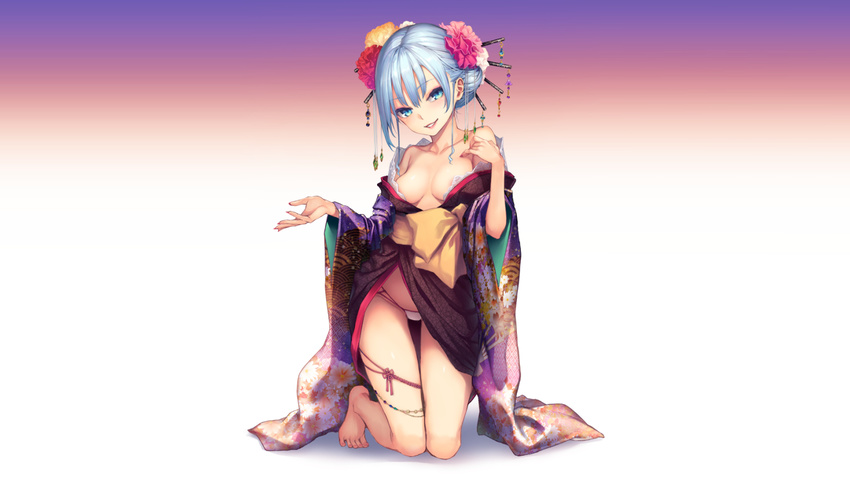 aqua_eyes aqua_hair bow breasts gradient headdress japanese_clothes kimono michiking nipples no_bra original panties underwear