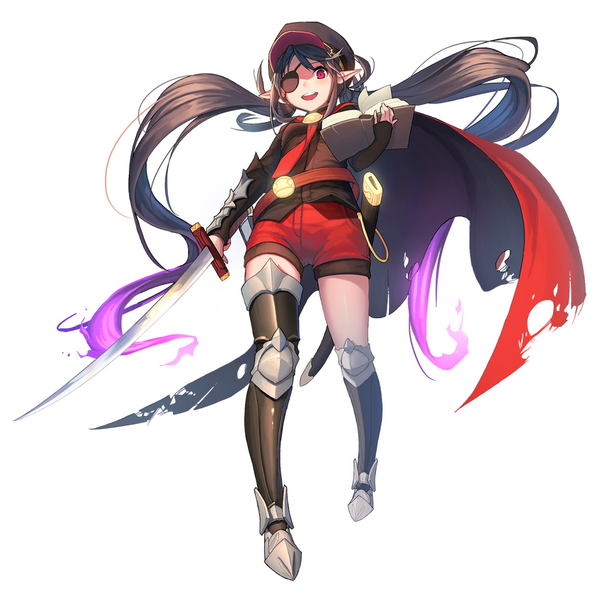 :d bangs black_footwear black_legwear book boots brown_hair brown_jacket cape eyebrows_visible_through_hair eyepatch full_body gradient gradient_background hat highres holding holding_book holding_sword holding_weapon jacket katana knee_boots kuri_choko long_hair looking_at_viewer low_twintails open_book open_mouth original peaked_cap pointy_ears purple_hair red_cape red_eyes red_shorts shaded_face sheath short_shorts shorts single_knee_boot single_thigh_boot smile solo standing sword torn_cape transparent_background twintails unsheathed very_long_hair weapon