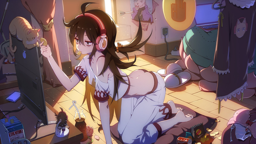 ahoge all_fours ass bags_under_eyes barefoot black_eyes black_hair blurry bow bow_bra bra butt_crack can cat cellphone chips coca-cola computer crop_top dart depth_of_field drinking_straw flat_screen_tv flower food hair_between_eyes half-closed_eyes headphones highres indoors laptop long_hair mosquito_coils mouth_hold non-human_academy off-shoulder_shirt one_side_up panties petals phone pink_bra potato_chips print_bra shirt short_sleeves side-tie_panties slippers smartphone soda_can solo striped striped_panties the_evil_within underwear