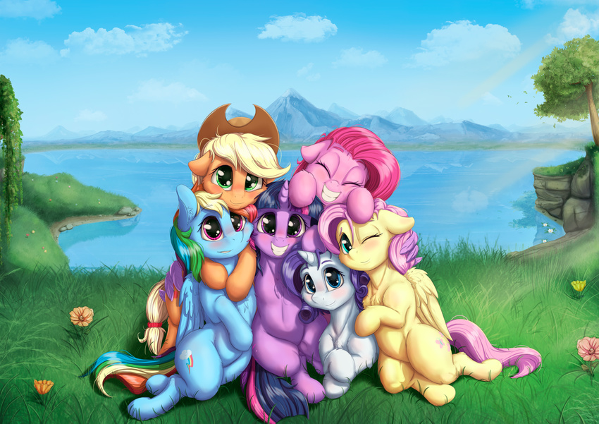 2017 absurd_res alcor90 applejack_(mlp) blonde_hair blue_eyes blush cowboy_hat cutie_mark detailed_background earth_pony equine eyes_closed feathered_wings feathers female flower fluttershy_(mlp) friendship_is_magic grass green_eyes grin group hair hat hi_res horn horse looking_at_viewer mammal mountain multicolored_hair my_little_pony one_eye_closed outside pegasus pink_hair pinkie_pie_(mlp) plant pony purple_eyes rainbow_dash_(mlp) rainbow_hair rarity_(mlp) smile tree twilight_sparkle_(mlp) unicorn wing_hug winged_unicorn wings