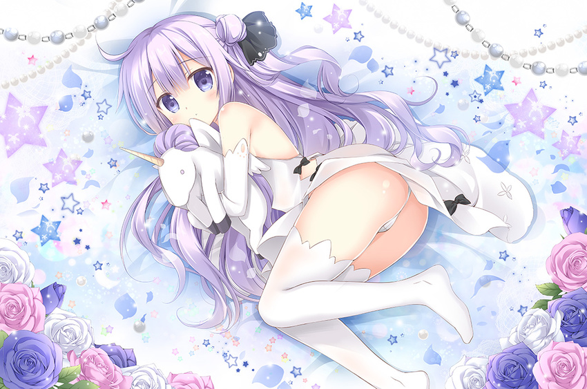 ass azur_lane bangs bare_shoulders black_bow black_ribbon blush bow closed_mouth commentary_request detached_sleeves dress eyebrows_visible_through_hair flower hair_between_eyes hair_ribbon halterneck head_tilt korie_riko long_hair looking_at_viewer looking_to_the_side lying no_shoes object_hug on_side one_side_up panties pink_flower pink_rose purple_eyes purple_flower purple_hair purple_rose ribbon rose smile solo star stuffed_alicorn stuffed_animal stuffed_toy thighhighs underwear unicorn_(azur_lane) very_long_hair white_dress white_flower white_legwear white_panties white_rose