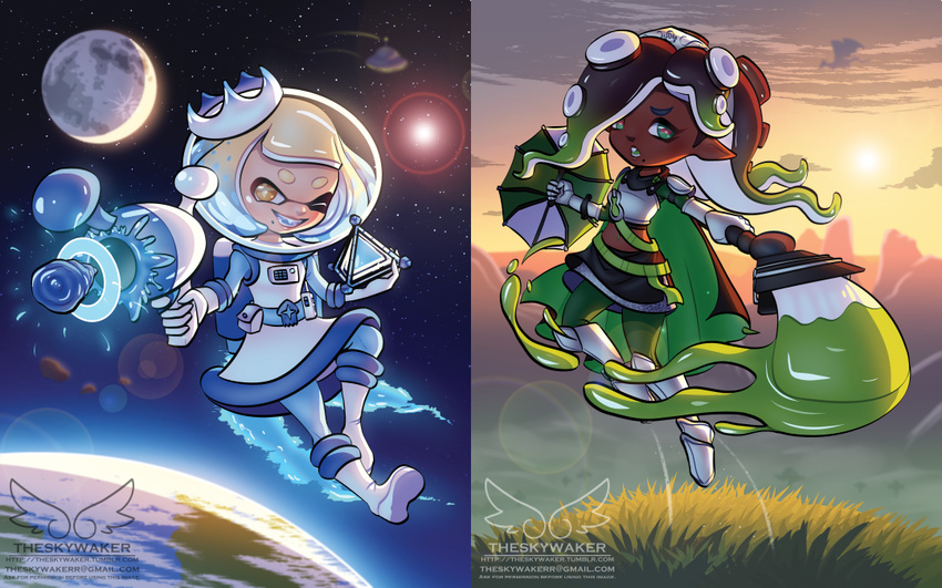 2girls ;) armor astronaut astronaut_helmet black_hair blonde_hair breastplate cephalopod_eyes commentary dark_skin fangs fantasy gauntlets gradient_hair greaves green_eyes green_hair green_legwear gun hair_over_one_eye handgun hime_(splatoon) holding holding_weapon iida_(splatoon) mole mole_under_mouth moon multicolored_hair multiple_girls one_eye_closed paint pantyhose pauldrons planet pointy_ears shield smile space spacesuit splatoon_(series) splatoon_2 sword tentacle_hair theskywaker tiara watermark weapon yellow_eyes