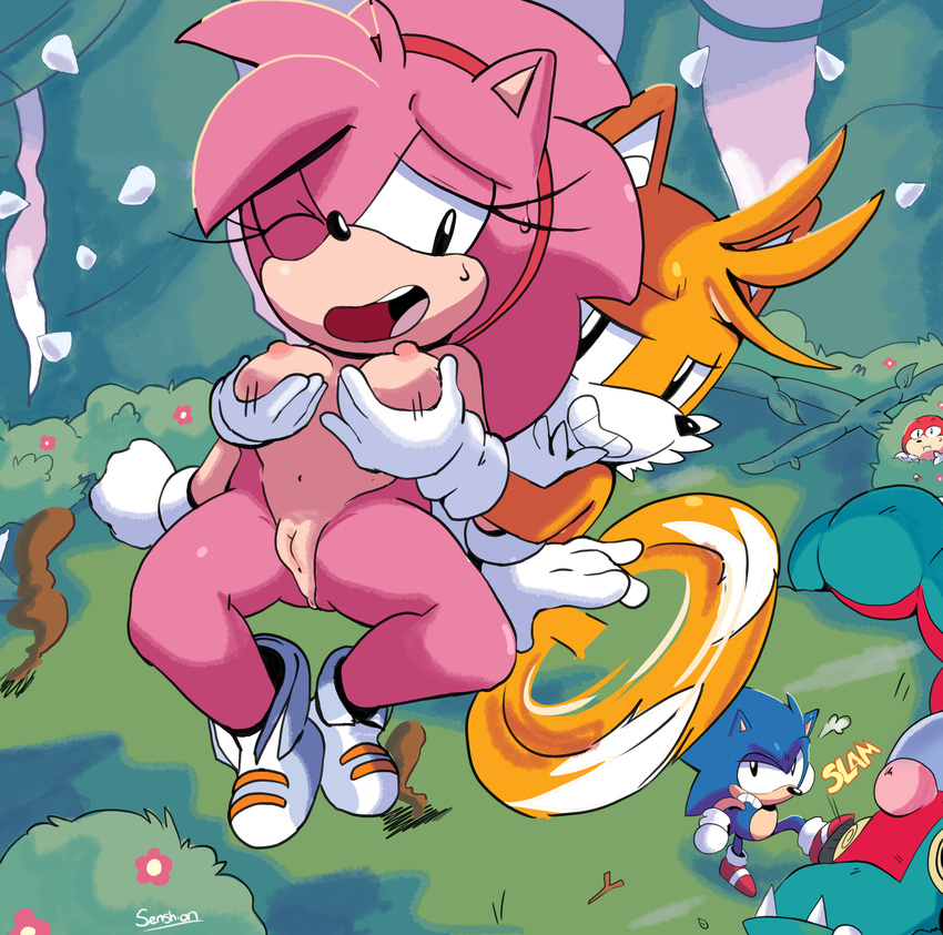 2017 absurd_res amy_rose angry anthro anthro_on_anthro anus big_breasts black_nose breasts canine clothing cuckold dipstick_tail duo_focus echidna female flying footwear fox fur grass group hair hairband hedgehog hi_res knuckles_the_echidna male male/female mammal miles_prower monotreme multicolored_tail naughty_face navel nipples outside pink_hair pussy senshion short_hair signature smile sonic_(series) sonic_the_hedgehog sweat video_games white_fur yellow_fur