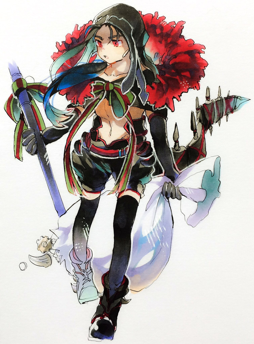 black_footwear black_legwear blue_hair boots child cu_chulainn_alter_(fate/grand_order) fang fate/grand_order fate_(series) full_body highres hood kakuremino_(mnt55) lancer long_hair male_focus open_mouth red_eyes ribbon sack santa_costume santa_lily shorts simple_background solo tail thighhighs walking white_background younger