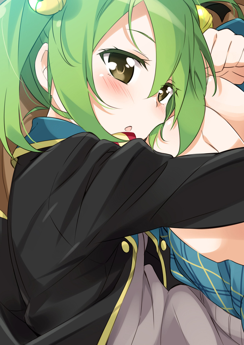 :o absurdres bell black_jacket blue_skirt blush brown_eyes gj-bu green_hair grey_vest hair_bell hair_between_eyes hair_ornament highres jacket jingle_bell kannazuki_tamaki leg_hug long_sleeves looking_at_viewer mousou_(mousou_temporary) parted_lips pleated_skirt school_uniform short_hair skirt solo twintails vest