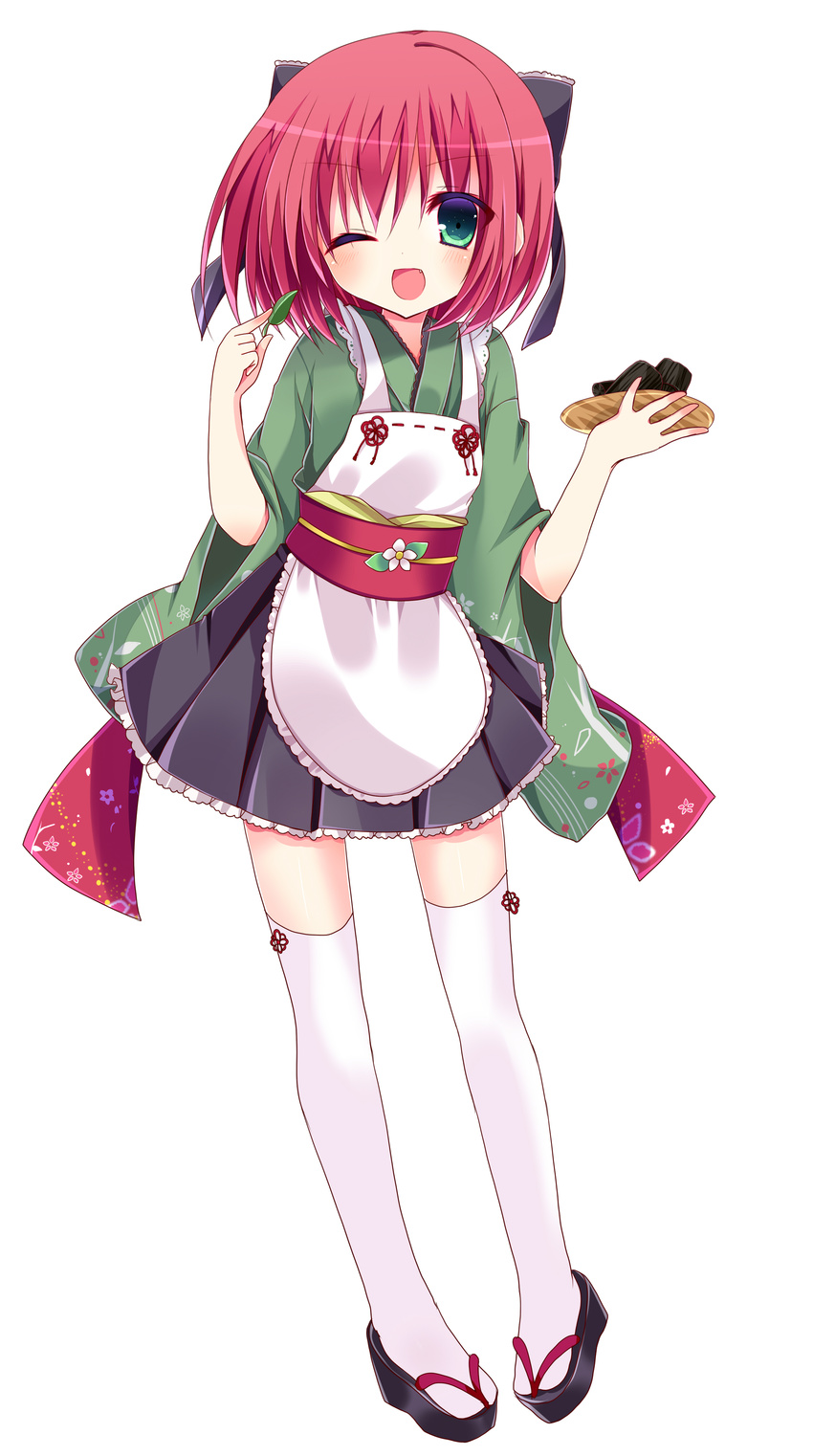 ;d absurdres ai_1003 apron black_bow black_footwear black_skirt bow fang food full_body green_eyes green_kimono hair_bow highres holding holding_food holding_plate japanese_clothes kimono long_sleeves looking_at_viewer obi one_eye_closed open_mouth original plate pleated_skirt print_kimono red_hair sash short_kimono simple_background skirt smile solo standing thighhighs wa_maid white_apron white_background white_legwear wide_sleeves zouri