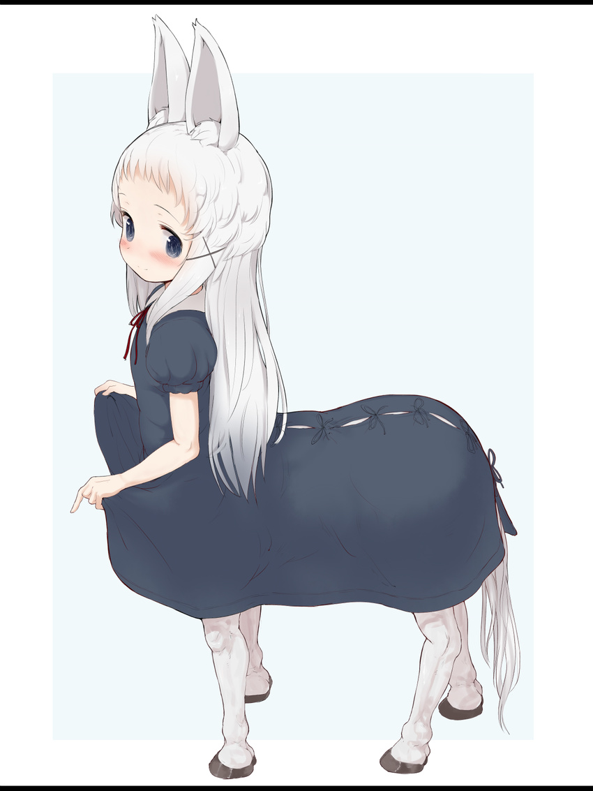 animal_ears bangs blue_dress blue_eyes blush centaur child closed_mouth dress dress_lift from_side full_body gulp5959 hair_ornament hairclip highres hooves horse_ears horse_tail letterboxed long_hair looking_at_viewer looking_to_the_side monster_girl neck_ribbon non-web_source original puffy_short_sleeves puffy_sleeves red_neckwear red_ribbon ribbon short_sleeves simple_background skirt_hold smile solo standing tail white_hair x_hair_ornament