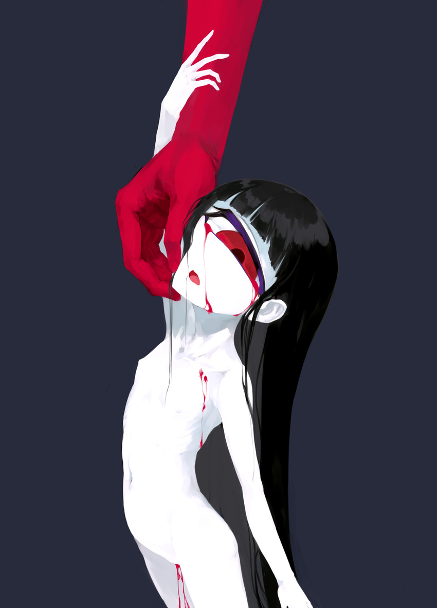 arm_up bangs black_hair blood bloody_tears blue_background blunt_bangs cowboy_shot cyclops eyelashes flat_chest highres limited_palette long_hair looking_at_viewer navel nipples nude one-eyed open_mouth original petite simple_background solo_focus solopipb very_long_hair white_skin