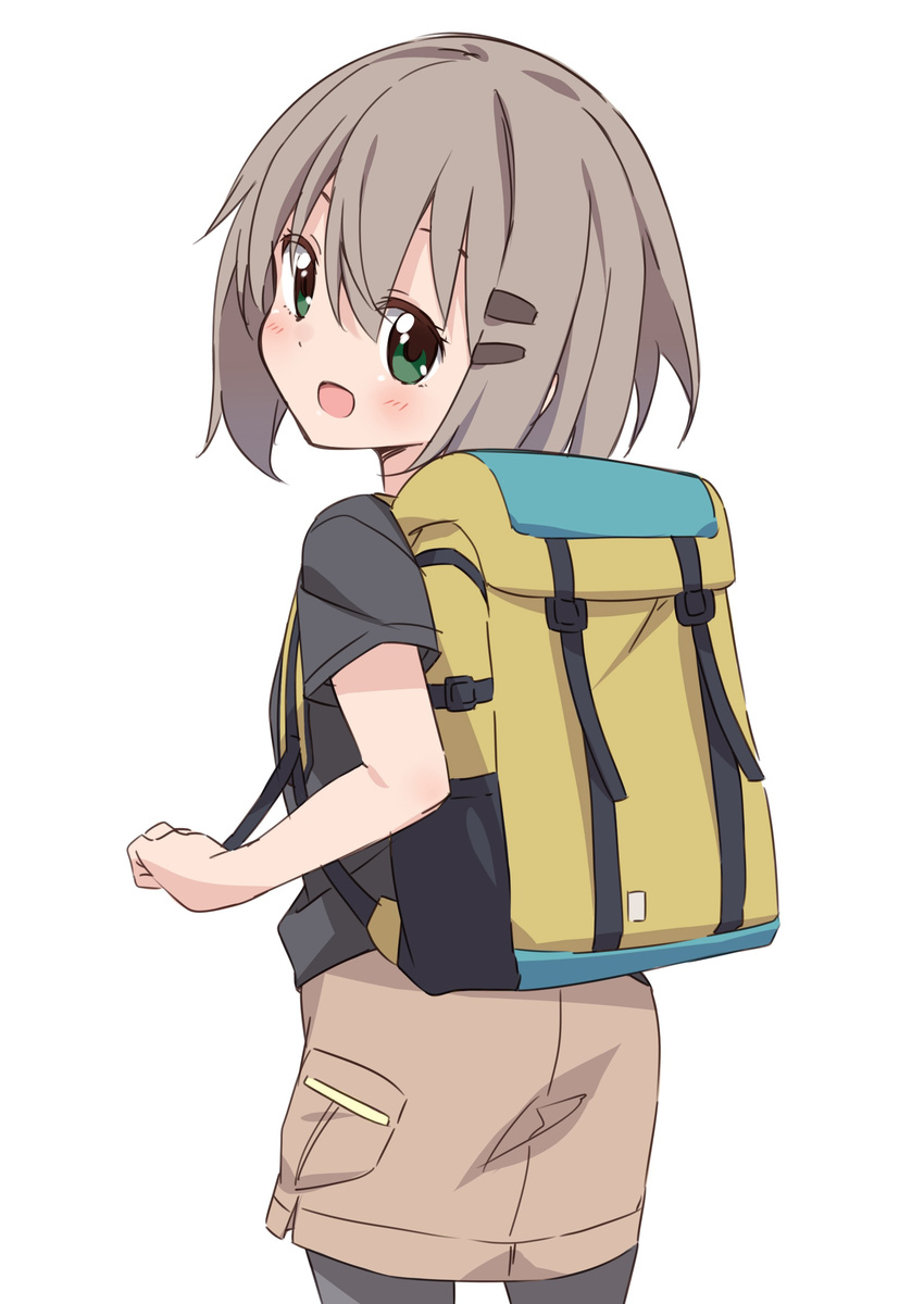 :d absurdres backpack bag bangs black_legwear black_shirt blush brown_skirt commentary_request from_behind green_eyes grey_hair hair_between_eyes hair_ornament hairclip head_tilt highres looking_at_viewer looking_back mousou_(mousou_temporary) open_mouth pantyhose shirt short_hair short_sleeves simple_background skirt smile solo white_background yama_no_susume yukimura_aoi