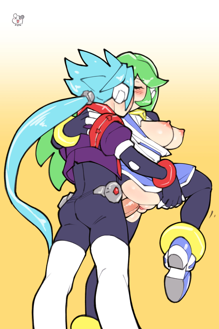 1boy 1girl bbc-chan blue_hair blush body_suit breasts clothed_sex colored doggystyle eyes_closed green_hair kissing long_hair pandora_(rockman) prometheus_(rockman) rockman rockman_zx rockman_zx_advent sex tagme vaginal