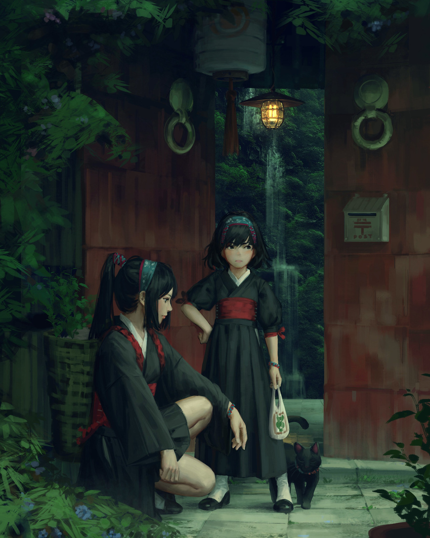 absurdres bangs black_hair black_hakama bracelet cat closed_mouth day frown gate guweiz hakama hand_on_hip headband highres japanese_clothes jewelry long_hair long_sleeves mailbox_(incoming_mail) multiple_girls original outdoors parted_bangs plant ponytail potted_plant puffy_short_sleeves puffy_sleeves sash shoes short_hair short_sleeves socks squatting standing water waterfall white_legwear wide_shot wide_sleeves