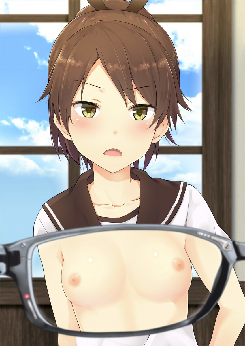 blue_sky blurry blurry_foreground blush breasts brown_hair cloud collarbone day depth_of_field eyebrows_visible_through_hair eyewear_view green_eyes grey-framed_eyewear highres indoors kanden_suki kantai_collection looking_at_viewer nipples open_mouth pob ponytail school_uniform serafuku shikinami_(kantai_collection) shiny shiny_skin shirt short_hair sky small_breasts tsurime upper_body v-shaped_eyebrows white_shirt window x-ray_glasses x-ray_vision