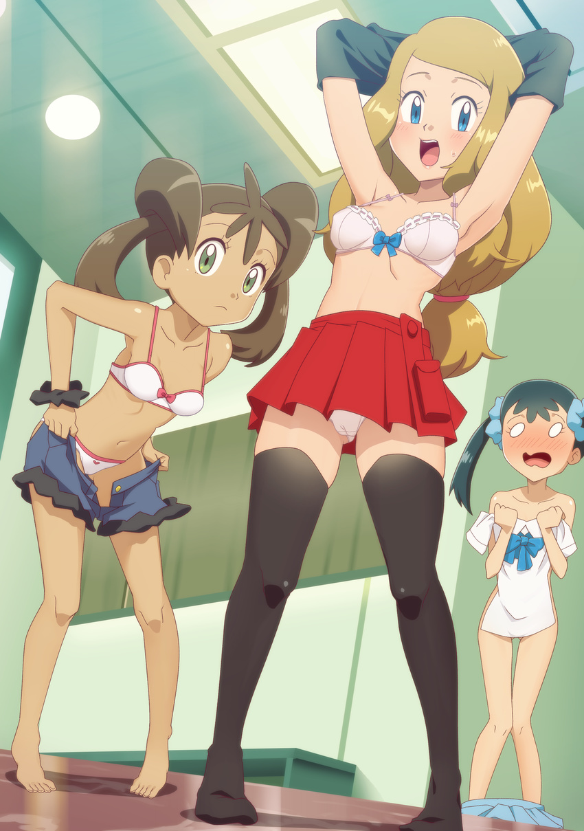 :d absurdres arms_up bare_legs barefoot black_legwear black_scrunchie blonde_hair blue_eyes blue_ribbon blush bow bow_bra bra breasts brown_hair changing_room collarbone covering dark_skin gazing_eye green_eyes highres indoors legs_apart long_hair looking_at_viewer multiple_girls navel nose_blush nude_cover o_o open_mouth panties pantyshot pantyshot_(standing) pink_bow pokemon pokemon_(anime) pokemon_xy_(anime) red_skirt ribbon sana_(pokemon) scrunchie serena_(pokemon) shirt_lift shocked_eyes shorts skirt small_breasts smile standing suzuna_(pokemon) sweat sweatdrop thighhighs twintails underwear undressing white_bra white_panties wrist_scrunchie