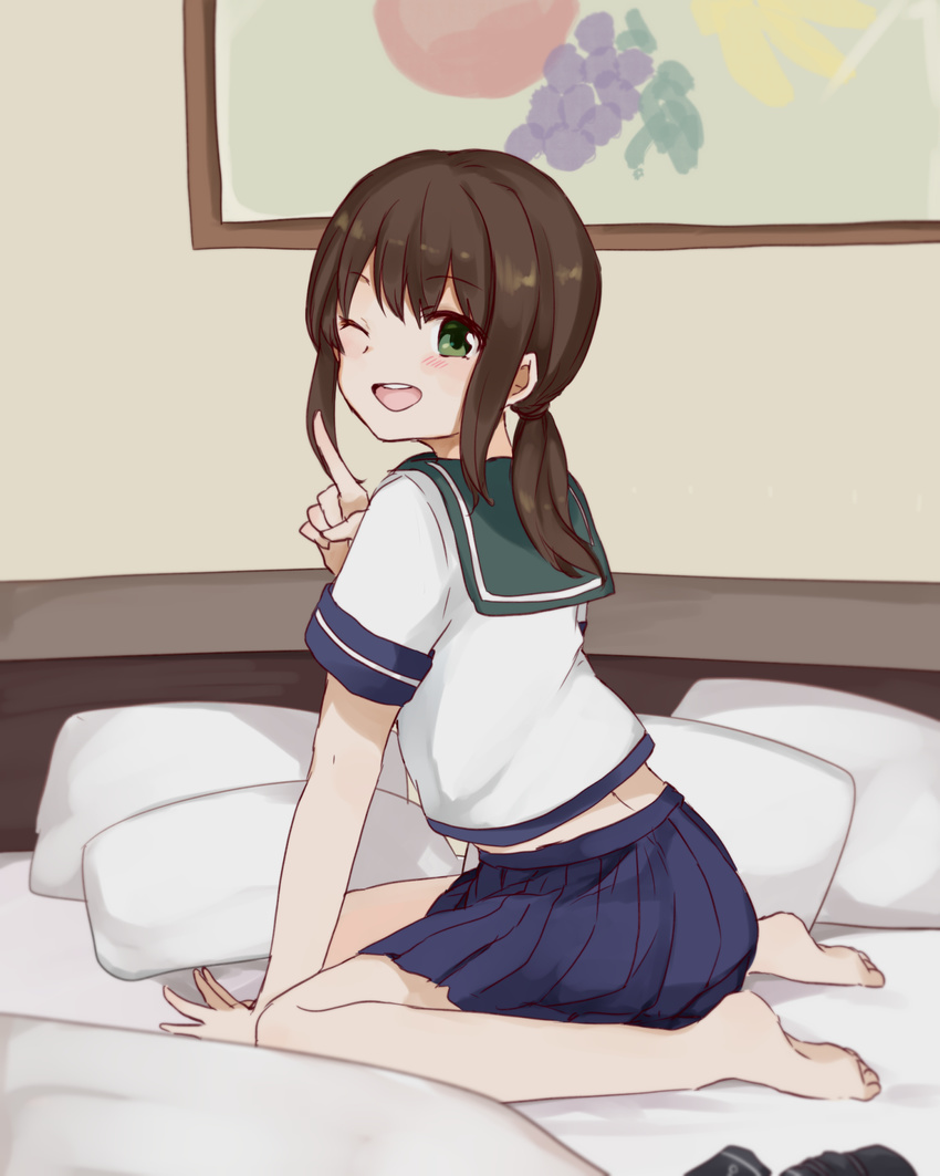 ;d bag bare_legs barefoot bed bed_sheet black_legwear blanket blue_skirt blush brown_hair eyebrows_visible_through_hair fubuki_(kantai_collection) green_eyes highres hiroe_(cosmos_blue-02_421) index_finger_raised indoors kantai_collection leaning_forward long_hair looking_at_viewer low_ponytail no_legwear on_bed one_eye_closed open_mouth picture_(object) picture_frame pleated_skirt round_teeth school_uniform serafuku shirt short_sleeves sidelocks sitting skirt smile solo teeth thighhighs_removed wariza white_shirt