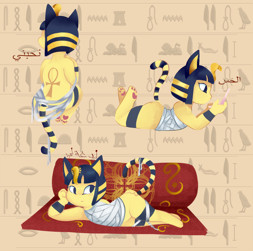 absurd_res animal_crossing ankh ankha anthro arabic_text bare_back blue_hair cat cat-cafe egyptian feline female fur hair hand_on_hip hi_res hieroglyphics kneeling mammal nintendo short_stack sitting solo tattoo text video_games yellow_fur