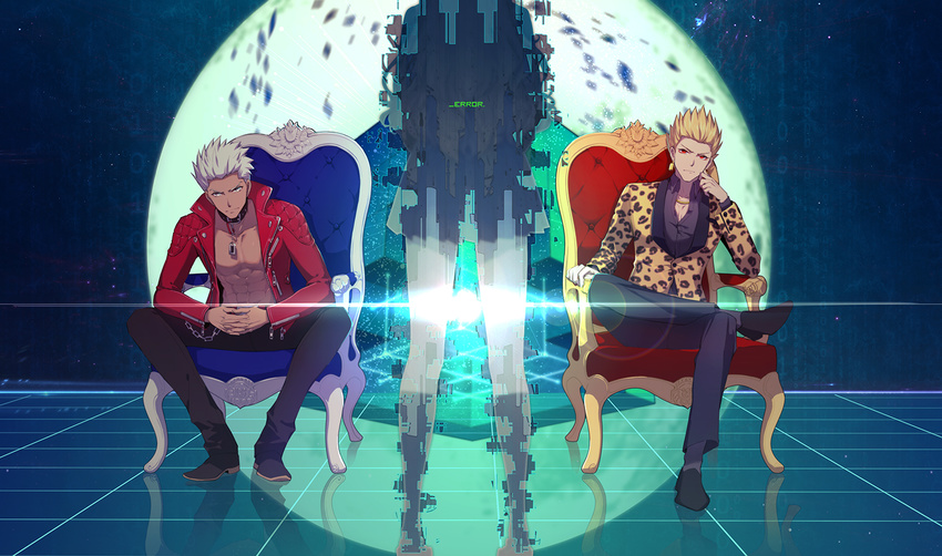 2boys abs animal_print archer backlighting black_footwear black_pants blonde_hair collar collared_shirt dark_skin digital_dissolve earrings fate/extra fate/extra_ccc fate/stay_night fate_(series) full_moon gilgamesh glitch hands_clasped jacket jewelry kishinami_hakuno_(female) kneehighs leaning_forward leg_up legs_apart leopard_print liusang long_sleeves looking_at_viewer moon multiple_boys necklace open_clothes open_jacket own_hands_together pants pendant purple_shirt red_eyes red_jacket reflective_floor shirt shoes silver_hair sitting spiked_hair spread_legs standing throne wing_collar yellow_jacket