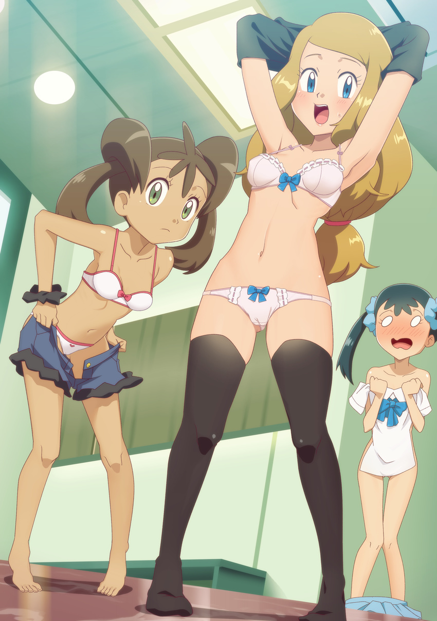 :d absurdres arms_up bare_legs barefoot black_legwear black_scrunchie blonde_hair blue_eyes blue_ribbon blush bow bow_bra bra breasts brown_hair changing_room collarbone covering dark_skin gazing_eye green_eyes highres indoors legs_apart long_hair looking_at_viewer multiple_girls navel nose_blush nude_cover o_o open_mouth panties pink_bow pokemon pokemon_(anime) pokemon_xy_(anime) ribbon sana_(pokemon) scrunchie serena_(pokemon) shirt_lift shocked_eyes shorts small_breasts smile standing sweat sweatdrop thighhighs twintails underwear undressing white_bra white_panties wrist_scrunchie