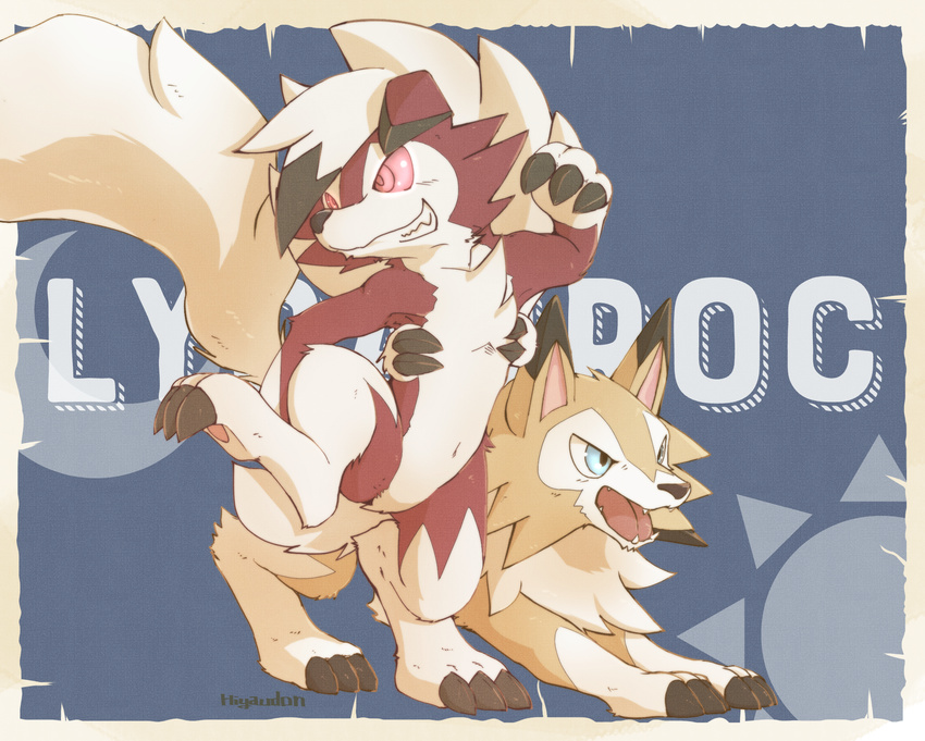 2017 3_toes anthro black_nose blue_eyes canine chest_tuft claws detailed_background digital_media_(artwork) feral fluffy fluffy_tail fur hair hi_res hiyaudon lycanroc mammal midday_lycanroc midnight_lycanroc multicolored_fur navel nintendo open_mouth pok&eacute;mon pok&eacute;mon_(species) red_eyes red_fur smile text toe_claws toes tuft two_tone_fur video_games white_fur