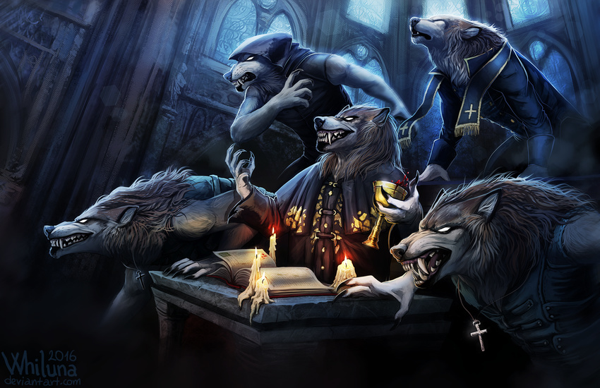 2016 anthro arms_spread book candle canine cathedral church claws cloak clothing creepy cross fangs glowing glowing_eyes goblet hood howl mammal powerwolf priest robe sharp_teeth snarling teeth vest were werewolf whiluna wolf