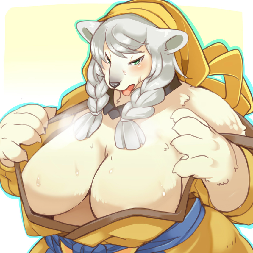 anthro bamuba bear big_breasts blush breasts cleavage clothed clothing female fur hair huge_breasts lo_liero mammal polar_bear slightly_chubby solo sweat tongue voluptuous wander_crown white_fur white_hair